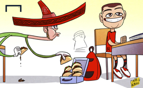 Cartoon: Taco the net De Gea (medium) by omomani tagged de,gea,javier,hernandez,balcazar,chicharito,manchester,united,taco