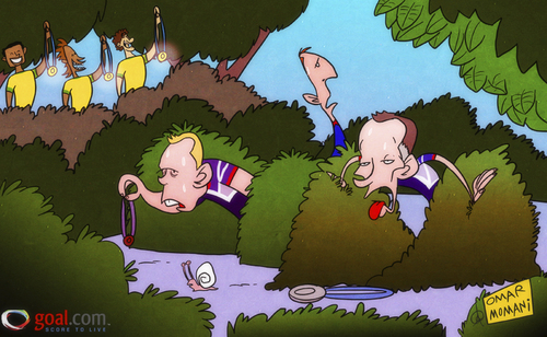 Cartoon: Team GB in medal hunt (medium) by omomani tagged brazil,craig,bellamy,gb,london,2012,olympic,neymar,pato,ryan,giggs,stuart,pearce,thiago,silva