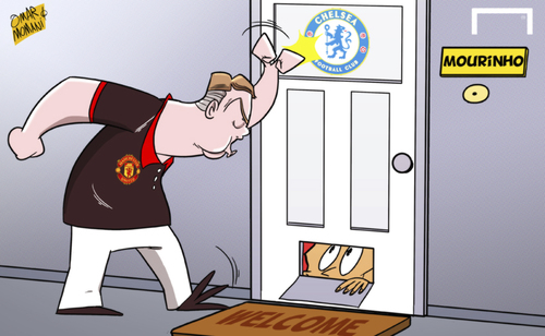 Cartoon: Van Gaal confronts Mourinho (medium) by omomani tagged chelsea,manchester,united,mourinho,van,gaal