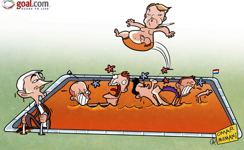 Cartoon: Van Gaal in the deep end (medium) by omomani tagged bert,van,marwijk,ibrahim,afellay,netherlands,sneijder,der,vaart,gaal,persie