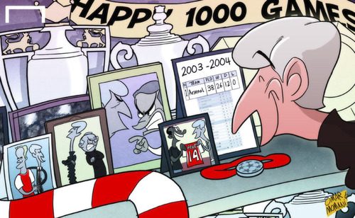 Cartoon: Wenger celebrates 1000th Arsenal (medium) by omomani tagged arsenal,dennis,bergkamp,ferguson,henry,mourinho,wenger