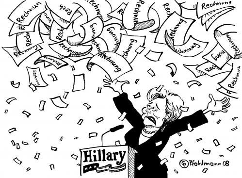 Cartoon: - (medium) by Pfohlmann tagged wahlkampf,usa,clinton,,wahlkampf,usa,hillary,clinton,frau,amerika,rechnungen,wahlen,regen,pult,rednerpult,politikerin,präsidentschaft,hillary clinton