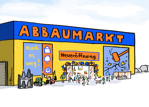 Cartoon: Abbaumarkt (medium) by Pfohlmann tagged baumarkt,abbau,arbeitslosigkeit,arbeitsplätze,abrissbirne,wirtschaftskrise,entlassungen,personalabbau,inflation,geschäft,einzelhandel,zerstörung,umwelt,architektur,bäume,rezession,geld,finanzen,abstieg,insolvenzen,rückbau,wohlstand,wirtschaft,verarmung,zölle,kriege,baumarkt,abbau,arbeitslosigkeit,arbeitsplätze,abrissbirne,wirtschaftskrise,entlassungen,personalabbau,inflation,geschäft,einzelhandel,zerstörung,umwelt,architektur,bäume,rezession,geld,finanzen,abstieg,insolvenzen,rückbau,wohlstand,wirtschaft,verarmung,zölle,kriege