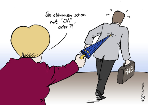 Cartoon: Abweichler (medium) by Pfohlmann tagged karikatur,color,farbe,2001,deutschland,merkel,bundeskanzlerin,kanzlerin,abstimmung,eu,euro,rettungsschirm,schirm,abgeordneter,mdb,parlament,bundestag,gesetzentwurf,abweichler,koalition,schwarz,gelb,2001,merkel,bundeskanzlerin,kanzlerin,abstimmung,euro,rettungsschirm,schirm,mdb,eu