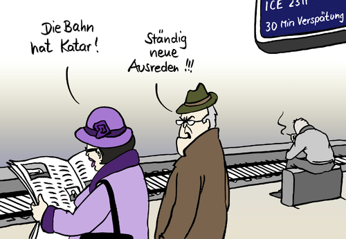 Cartoon: Bahn-Katar (medium) by Pfohlmann tagged bahn,db,katar,quatar,auftrag,großauftrag,verspätung,bahnkunde,reise,bahnhof,bahnsteig,gleis,service,bahn,deutsche bahn,katar,quatar,auftrag,großauftrag,verspätung,bahnkunde,reise,bahnhof,bahnsteig,gleis,service,transport,ärgernis,ausrede,gäste,fahrgäste,reisende,deutsche