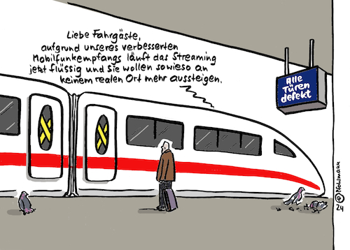 Cartoon: Bahn Mobilfunk (medium) by Pfohlmann tagged bahn,db,mobilfunk,netz,streaming,streamen,virtuell,real,türen,digitalisierung,fahrgäste,eskapismus,handy,smartphone,smombie,bahn,db,mobilfunk,netz,streaming,streamen,virtuell,real,türen,digitalisierung,fahrgäste,eskapismus,handy,smartphone,smombie