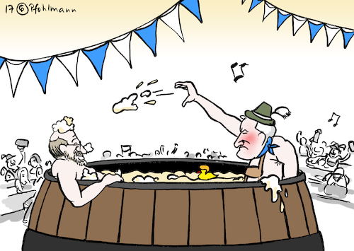 Cartoon: Bierfass-Duell (medium) by Pfohlmann tagged karikatur,cartoon,2017,color,farbe,deutschland,bayern,aschermittwoch,politischer,schlagabtausch,csu,spd,seehofer,schulz,bierfass,bier,schaum,schaumschläger,kandidat,bundeskanzler,kanzlerkandidat,angriffe,karikatur,cartoon,2017,color,farbe,deutschland,bayern,aschermittwoch,politischer,schlagabtausch,csu,spd,seehofer,schulz,bierfass,bier,schaum,schaumschläger,kandidat,bundeskanzler,kanzlerkandidat,angriffe