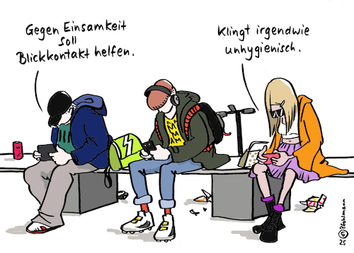 Cartoon: Blickkontakt gg. Einsamkeit (medium) by Pfohlmann tagged einsamkeit,tabu,alleinsein,jugendliche,teenager,alte,senioren,digitalisierung,smartphone,blickkontakt,verbindung,beziehung,körpersprache,mimik,gesicht,augen,display,smombie,beziehungen,trennung,isolation,einsamkeit,tabu,alleinsein,jugendliche,teenager,alte,senioren,digitalisierung,smartphone,blickkontakt,verbindung,beziehung,körpersprache,mimik,gesicht,augen,display,smombie,beziehungen,trennung,isolation