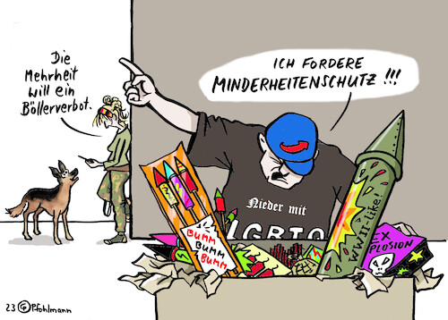 Cartoon: Böller-Minderheit (medium) by Pfohlmann tagged böller,silvester,raketen,lärm,feinstaub,feuerwerk,böllern,afd,minderheit,mehrheit,demokratie,lgbtq,minderheitenschutz,gesellschaft,böllerverbot,haustiere,schäferhund,tiere,umwelt,umfrage,aggressivität,aggression,krieg,bomben,explosionen,böller,silvester,raketen,lärm,feinstaub,feuerwerk,böllern,afd,minderheit,mehrheit,demokratie,lgbtq,minderheitenschutz,gesellschaft,böllerverbot,haustiere,schäferhund,tiere,umwelt,umfrage,aggressivität,aggression,krieg,bomben,explosionen