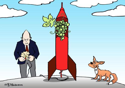 Cartoon: Börsen-Trauben (medium) by Pfohlmann tagged db,deutsche,bahn,mehdorn,trauben,fuchs,märchen,tiefensee,börsengang,börse,rakete