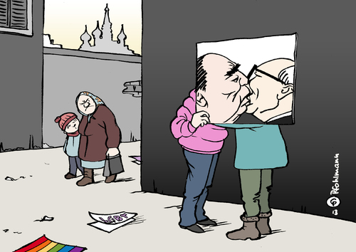 Cartoon: Bruderkuss (medium) by Pfohlmann tagged karikatur,cartoon,color,farbe,russland,homosexualität,gesetz,ächtung,verbot,schwul,homosexuell,lesbisch,schwule,lsbt,duma,bruderkuss,breschnew,honecker,sowjetunion,ddr,kuss,küssen,öffentlichkeit,moral,gesellschaft,homophobie,karikatur,cartoon,color,farbe,russland,homosexualität,gesetz,ächtung,verbot,schwul,homosexuell,lesbisch,schwule,lsbt,duma,bruderkuss,breschnew,honecker,sowjetunion,ddr,kuss,küssen,öffentlichkeit,moral,gesellschaft,homophobie