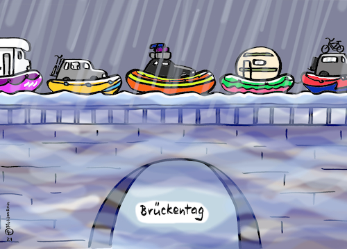 Cartoon: Brückentag (medium) by Pfohlmann tagged brückentag,fronleichnam,feiertag,reise,tourismus,ferien,pfingsten,hochwasser,regen,dauerregen,starkregen,überschwemmung,wetter,extremwetter,wetterextrem,urlaub,auto,stau,verkehr,schlauchboot,unwetter,brückentag,fronleichnam,feiertag,reise,tourismus,ferien,pfingsten,hochwasser,regen,dauerregen,starkregen,überschwemmung,wetter,extremwetter,wetterextrem,urlaub,auto,stau,verkehr,schlauchboot,unwetter