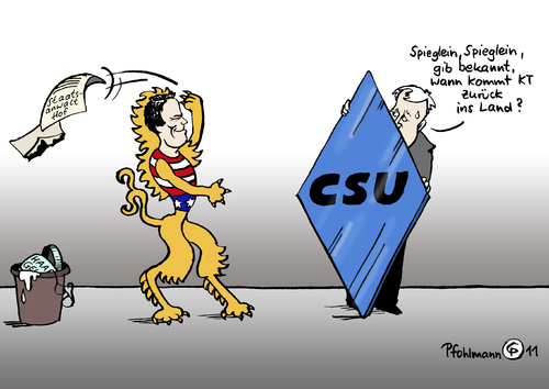 Cartoon: Comeback?! (medium) by Pfohlmann tagged karikatur,color,2011,deutschland,zu,guttenberg,comeback,csu,seehofer,spieglein,löwe,kt,verfahren,staatsanwaltschaft,hof,einstellung,auflage,plagiat,doktorarbeit,dissertation,zurück,raute,2011,deutschland,guttenberg,comeback,csu,seehofer,löwe,verfahren,staatsanwaltschaft