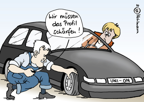 Cartoon: Das Profil der Union (medium) by Pfohlmann tagged union,cdu,csu,seehofer,merkel,bundeskanzlerin,profil,konservativ,auto,pkw,mechaniker,automechaniker,reifen,autoreifen,reifenprofil,regierung,bundesregierung,union,cdu,csu,horst seehofer,angela merkel,bundeskanzlerin,profil,auto,pkw,mechaniker,reifen,automechaniker,autoreifen,reifenprofil,regierung,bundesregierung,horst,seehofer,angela,merkel