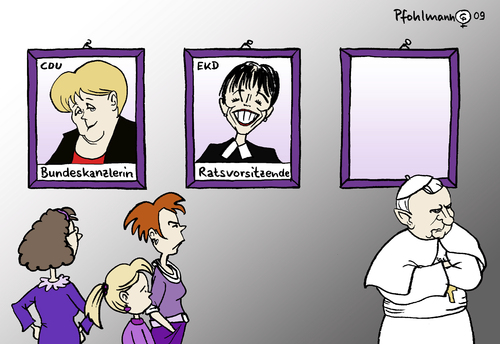 Cartoon: Der Papst und die Frauen (medium) by Pfohlmann tagged papst,merkel,bundeskanzlerin,landesbischöfin,käßmann,evangelische,kirche,ratsvorsitzende,frauen,emanzipation,papst,angela merkel,bundeskanzler,bundeskanzlerin,landesbischof,evangelische,kirche,ratsvorsitzende,frauen,emanzipation,glaube,religion,ratzinger,angela,merkel