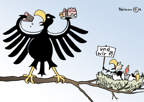 Cartoon: Deutsche Kinderarmut (medium) by Pfohlmann tagged karikatur,color,farbe,2012,deutschland,kinderarmut,adler,bundesadler,nest,kinder,nachwuchs,küken,eier,gelege,wohlstand,industriestaaten,unicef,studie,untersuchung,2012,deutschland,kinderarmut,bundesadler,nachwuchs,familie,demografie