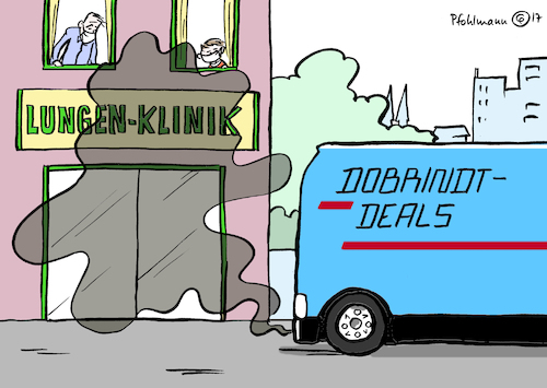 Cartoon: Dobrindt-Deals (medium) by Pfohlmann tagged karikatur,cartoon,color,farbe,2017,deutschland,dobrindt,csu,verkehrsminister,deal,fonds,lungenklinik,gesundheit,atemprobleme,krankheit,krankenhaus,klinik,gesundheitsschäden,verkehr,autoverkehr,feinstaub,abgase,autoindustrie,dieselgate,dieselaffäre,kartell,vorwürfe,dieselgipfel,regierung,schonung,transporter,diesel,umrüstung,software,fahrverbot,vernetzung,förderung,kommunen,karikatur,cartoon,color,farbe,2017,deutschland,dobrindt,csu,verkehrsminister,deal,fonds,lungenklinik,gesundheit,atemprobleme,krankheit,krankenhaus,klinik,gesundheitsschäden,verkehr,autoverkehr,feinstaub,abgase,autoindustrie,dieselgate,dieselaffäre,kartell,vorwürfe,dieselgipfel,regierung,schonung,transporter,diesel,umrüstung,software,fahrverbot,vernetzung,förderung,kommunen