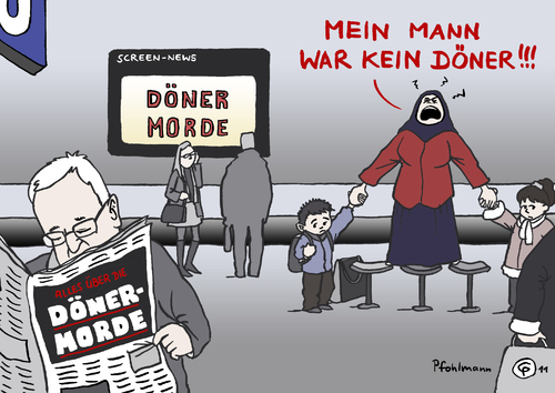 Cartoon: Döner-Morde?! (medium) by Pfohlmann tagged se,mordserie,nsu,untergrund,nationalsozialistischer,terroristen,terror,anschlag,besitzer,imbissbude,imbiss,dönermorde,döner,rechte,rechts,fremdenfeindlichkeit,ausländerfeindlichkeit,morde,rechtsextremismus,deutschland,2011,farbe,color,karikatur,deutschland,2011,ausländerfeindlichkeit,morde,zwickau,döner morde,fremdenfeindlichkeit,rechte,döner,terroristen,terror,gewalt