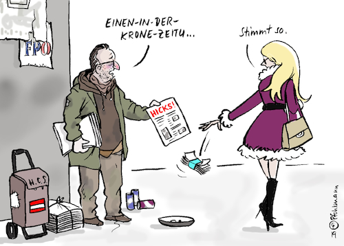 Cartoon: Einen in der Krone (medium) by Pfohlmann tagged strache,österreich,fpö,video,skandal,korruption,russin,falle,obdachlosenzeitung,krone,besoffen,geschichte,strache,österreich,fpö,video,skandal,korruption,russin,falle,obdachlosenzeitung,krone,besoffen,geschichte