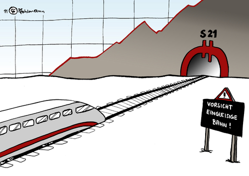 Cartoon: eingleisig (medium) by Pfohlmann tagged db,bahn,deutsche,eingleisig,zug,tunnel,stuttgart,21,börsengang,unfall,zugunglück,zusammenstoß,db,deutsche bahn,bahn,zug,stuttgart 21,unfall,zugunglück,verkehr,deutsche,stuttgart,21