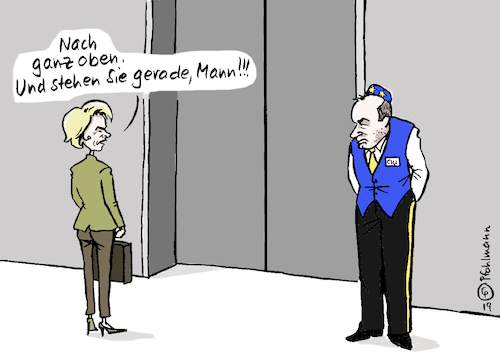 Cartoon: EU-Liftboy (medium) by Pfohlmann tagged 2019,eu,kommissionspräsident,kandidat,spitzenkandidat,weber,csu,evp,von,der,leyen,lift,aufzug,liftboy,posten,verteidigungsministerin,2019,eu,kommissionspräsident,kandidat,spitzenkandidat,weber,csu,evp,von,der,leyen,lift,aufzug,liftboy,posten,verteidigungsministerin