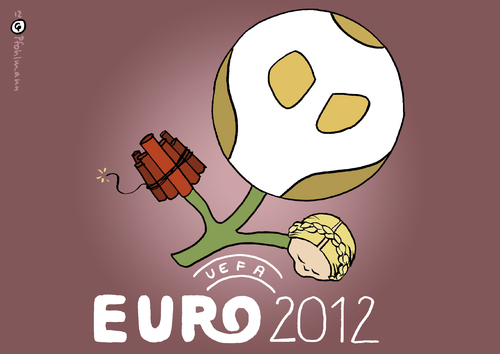 Cartoon: EURO 2012 (medium) by Pfohlmann tagged karikatur,color,farbe,2012,ukraine,anschlag,em,euro,fußball,europameisterschaft,logo,timoschenko,hungerstreik,attentat,terroranschlag,gefängnis,haft,uefa,ausrichter,gastgeber,anschlag,ukraine,2012,euro,fußball,europameisterschaft,logo,timoschenko,hungerstreik,attentat