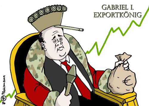 Cartoon: Exportkönig (medium) by Pfohlmann tagged karikatur,cartoon,2016,color,farbe,deutschland,waffenexporte,exportkönig,gabriel,wirtschaftsminister,vizekanzler,ausfuhren,waffen,panzer,panzerfaust,waffenverkauf,wirtschaft,rekord,steigerung,umsatz,einnahmen,einschränkung,restriktion,kontrolle,karikatur,cartoon,2016,color,farbe,deutschland,waffenexporte,exportkönig,gabriel,wirtschaftsminister,vizekanzler,ausfuhren,waffen,panzer,panzerfaust,waffenverkauf,wirtschaft,rekord,steigerung,umsatz,einnahmen,einschränkung,restriktion,kontrolle