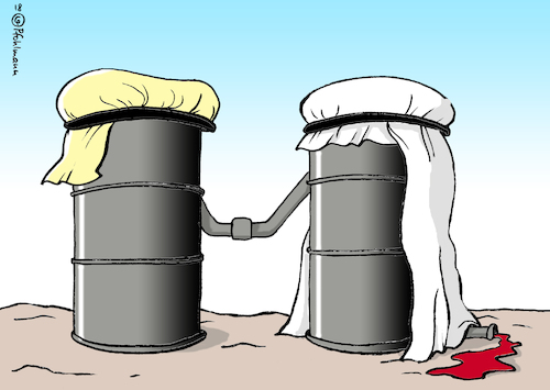 Cartoon: Fässer (medium) by Pfohlmann tagged karikatur,cartoon,farbe,color,2018,usa,trump,präsident,saudi,saudis,arabien,erdöl,öl,khashoggi,mord,prinz,salman,abhängigkeit,fässer,blut,wirtschaft,kronprinz,mohammed,bin,karikatur,cartoon,farbe,color,2018,usa,trump,präsident,saudi,saudis,arabien,erdöl,öl,khashoggi,mord,prinz,salman,abhängigkeit,fässer,blut,wirtschaft,kronprinz,mohammed,bin