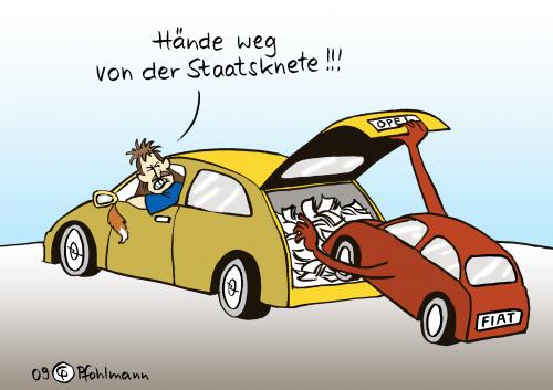 Cartoon: Fiat steigt ein (medium) by Pfohlmann tagged fiat,opel,beteiligung,übernahme,staatshilfen,autokrise,automobilwirtschaft,autoindustrie,manni