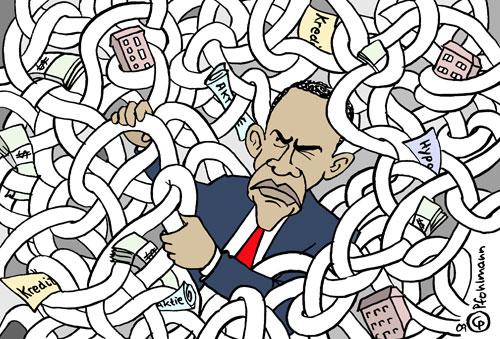 Cartoon: Finanzknoten (medium) by Pfohlmann tagged obama,usa,us,präsident,finanzkrise,wirtschaftskrise,immobilienkrise,aufsicht,reform,fed,kontrolle,finanzmärkte