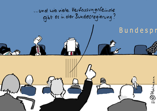 Cartoon: Frage Verfassungsfeinde (medium) by Pfohlmann tagged karikatur,cartoon,color,farbe,2017,deutschland,bundespressekonferenz,verfassungsschutzbericht,verfassungsschutz,maaßen,maiziere,seibert,dobrindt,maas,justizminister,verkehrsminister,innenminister,geheimdienst,gesetze,vds,vorratsdatenspeicherung,netzwerkdurchsetzungsgesetz,grundgesetz,grundrechte,presse,journalisten,frage,bundesregierung,groko,große,koalition,union,spd,meinungsfreiheit,datenschutz,onlinedurchsuchung,bundestrojaner,karikatur,cartoon,color,farbe,2017,deutschland,bundespressekonferenz,verfassungsschutzbericht,verfassungsschutz,maaßen,maiziere,seibert,dobrindt,maas,justizminister,verkehrsminister,innenminister,geheimdienst,gesetze,vds,vorratsdatenspeicherung,netzwerkdurchsetzungsgesetz,grundgesetz,grundrechte,presse,journalisten,frage,bundesregierung,groko,große,koalition,union,spd,meinungsfreiheit,datenschutz,onlinedurchsuchung,bundestrojaner