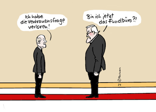 Cartoon: Frage verloren (medium) by Pfohlmann tagged bundeskanzler,scholz,vertrauensfrage,verloren,verlust,bundespräsident,steinmeier,fundamt,fundbüro,demokratie,verfassung,neuwahlen,parlament,bundestag,abstimmung,bundeskanzler,scholz,vertrauensfrage,verloren,verlust,bundespräsident,steinmeier,fundamt,fundbüro,demokratie,verfassung,neuwahlen,parlament,bundestag,abstimmung