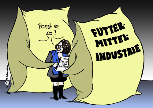 Cartoon: Futtermittelsäcke (medium) by Pfohlmann tagged lebensmittelskandal,skandal,verunreinigung,fleisch,eier,ei,sicherheit,nahrungsmittel,lebensmittel,kontrolle,csu,agrarministerin,verbraucherschutzministerin,verbraucherschutz,aigner,dioxin,futtermittel,futter,lebensmittel,skandal,dioxin,produktion,industrie,massentierhaltung,käfighaltung,tier,mensch,futtermittel