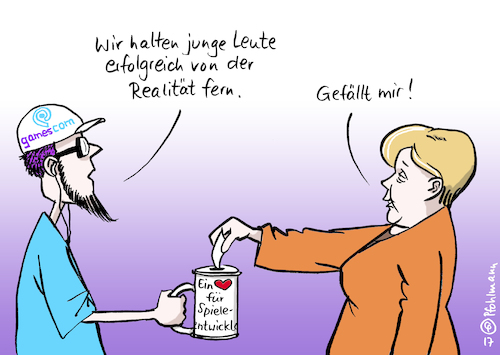 Cartoon: Gamescom (medium) by Pfohlmann tagged karikatur,cartoon,color,farbe,2017,deutschland,gamescom,computerspiele,fördern,förderung,staatliche,bundeskanzlerin,merkel,wahlkampf,versprechen,kulturgut,abhängigkeit,junge,menschen,leute,computerspielsucht,spielsucht,realität,realitätsflucht,gefällt,mir,virtualität,virtuelle,flucht,spieleentwickler,programmierer,karikatur,cartoon,color,farbe,2017,deutschland,gamescom,computerspiele,fördern,förderung,staatliche,bundeskanzlerin,merkel,wahlkampf,versprechen,kulturgut,abhängigkeit,junge,menschen,leute,computerspielsucht,spielsucht,realität,realitätsflucht,gefällt,mir,virtualität,virtuelle,flucht,spieleentwickler,programmierer