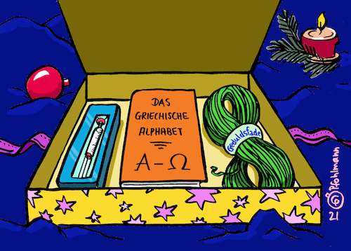 Cartoon: Geschenkset 2021 (medium) by Pfohlmann tagged weihnachten,geschenk,corona,pandemie,spritze,impfung,alphabet,griechisch,alpha,delta,omicron,omikron,geduld,geduldsfaden,2021,weihnachten,geschenk,corona,pandemie,spritze,impfung,alphabet,griechisch,alpha,delta,omicron,omikron,geduld,geduldsfaden,2021