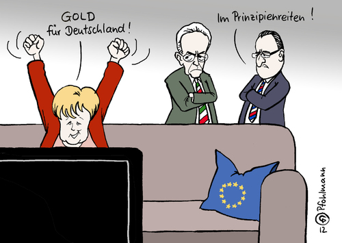 Cartoon: Gold für Deutschland (medium) by Pfohlmann tagged sofa,fernsehen,tv,ezb,bankenkrise,wirtschaftskrise,wirtschaft,währung,euroraum,rettungsschirm,efsm,esm,eurokrise,eu,europa,euro,frankreich,hollande,italien,monti,london,vielseitigkeitsreiten,prinzipienreiten,reiten,bundeskanzlerin,merkel,wettkämpfe,goldmedaille,gold,sport,spiele,olympische,olympia,deutschland,2012,farbe,color,karikatur