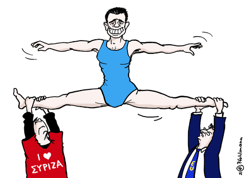 Cartoon: Griechischer Spagat (medium) by Pfohlmann tagged karikatur,cartoon,2015,color,farbe,griechenland,eu,tsipras,dijsselbloem,eurogruppe,syriza,linke,spagat,wahlversprechen,reformen,liste,reformliste,verschuldung,kredite,schuldenkrise,antrag,finanzhilfe,euro,europa,verlängerung,wähler,anhänger,griechen,karikatur,cartoon,2015,color,farbe,griechenland,eu,tsipras,dijsselbloem,eurogruppe,syriza,linke,spagat,wahlversprechen,reformen,liste,reformliste,verschuldung,kredite,schuldenkrise,antrag,finanzhilfe,euro,europa,verlängerung,wähler,anhänger,griechen