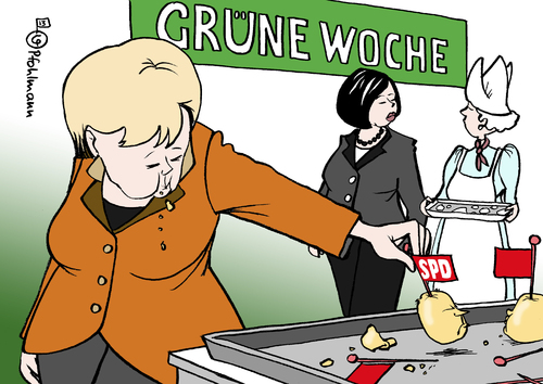 Cartoon: Häppchen-Woche (medium) by Pfohlmann tagged 2013,farbe,color,cartoon,karikatur,deutschland,grüne,woche,berlin,merkel,bundeskanzlerin,aigner,landwirtschaft,häppchen,spd,kanzlerkandidat,steinbrück,gabriel,käse,holland,niederlande,landwirtschaftsministerin,bundestagswahl,wahlkampf,verbraucher,ernährung,lebensmittel,karikatur,cartoon,color,farbe,2013,deutschland,grüne,woche,berlin,merkel,bundeskanzlerin,aigner,landwirtschaft,häppchen,spd,kanzlerkandidat,steinbrück,gabriel,käse,holland,niederlande,landwirtschaftsministerin,bundestagswahl,wahlkampf,verbraucher,ernährung,lebensmittel