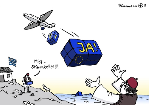 Cartoon: Hilfspakete für Griechenland (medium) by Pfohlmann tagged karikatur,cartoon,2015,color,farbe,griechenland,griechen,eu,pleite,euro,stimmzettel,referendum,volksabstimmung,ja,hilfspaket,hilfspakete,pakete,abwurf,flugzeug,zahlungsunfähigkeit,staatspleite,reformen,schuldenkrise,europa,reformliste,geldgeber,kredite,grexit,austritt,aufschub,karikatur,cartoon,2015,color,farbe,griechenland,griechen,eu,pleite,euro,stimmzettel,referendum,volksabstimmung,ja,hilfspaket,hilfspakete,pakete,abwurf,flugzeug,zahlungsunfähigkeit,staatspleite,reformen,schuldenkrise,europa,reformliste,geldgeber,kredite,grexit,austritt,aufschub