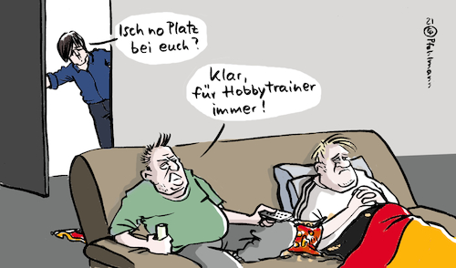 Cartoon: Hobbytrainer (medium) by Pfohlmann tagged em,fußball,löw,nationaltrainer,hobby,tv,fernsehen,zuschauer,sofa,ausscheiden,europameisterschaft,fußballfan,achtelfinale,em,fußball,löw,nationaltrainer,hobby,tv,fernsehen,zuschauer,sofa,ausscheiden,europameisterschaft,fußballfan,achtelfinale