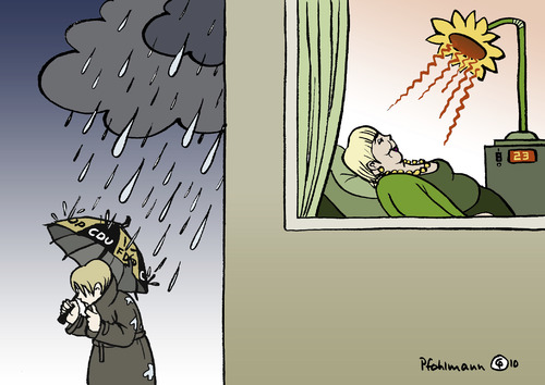 Cartoon: Höhensonne (medium) by Pfohlmann tagged deutschland,grüne,bündnis,90,roth,merkel,bundeskanzlerin,cdu,fdp,koalition,schwarz,gelb,höhensonne,sonne,sonnenblume,regen,regenschirm,herbst,deutschland,grüne,bündnis 90,merkel,roth,bundeskanzlerin,cdu,fdp,koalition,schwarz,gelb,höhensonne,sonnenblume,regen,regenschirm,herbst,bündnis,90