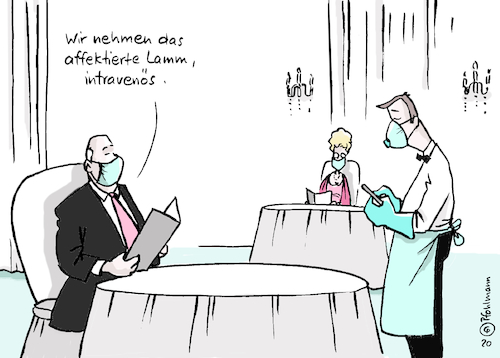 Cartoon: Hygiene-Gastronomie (medium) by Pfohlmann tagged 2020,deutschland,global,welt,corona,coronakrise,pandemie,covid19,ansteckung,virus,coronavirus,gastronomie,shutdown,lockdown,restaurant,lockerung,maßnahmen,ausgangssperre,ausgangsbeschränkung,hygiene,masken,mundschutz,essen,lokal,2020,deutschland,global,welt,corona,coronakrise,pandemie,covid19,ansteckung,virus,coronavirus,gastronomie,shutdown,lockdown,restaurant,lockerung,maßnahmen,ausgangssperre,ausgangsbeschränkung,hygiene,masken,mundschutz,essen,lokal