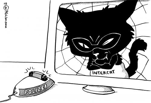 Cartoon: Intercat (medium) by Pfohlmann tagged internet,netz,web,kriminalität,cyber,space,cops,polizei,internet,netz,web,kriminalität,cyber space,polizei,cops,www,online,computer,rechner,kontrolle,zensur,überwachung,überwachungsstaat,privatsühäre,sicherheit,cyber,space