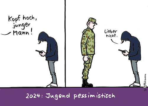 Cartoon: Jugend pessimistisch (medium) by Pfohlmann tagged jugend,jugendliche,stimmung,pessimismus,pessimistisch,zukunft,sorgen,inflation,krieg,umwelt,klima,perspektivlosigkeit,handy,smartphone,eskapismus,gaming,socialmedia,tiktok,soldat,bundeswehr,uniform,psyche,hoffnung,kopf,körperhaltung,haltung,befehl,realität,virtuell,ablenkung,jugend,jugendliche,stimmung,pessimismus,pessimistisch,zukunft,sorgen,inflation,krieg,umwelt,klima,perspektivlosigkeit,handy,smartphone,eskapismus,gaming,socialmedia,tiktok,soldat,bundeswehr,uniform,psyche,hoffnung,kopf,körperhaltung,haltung,befehl,realität,virtuell,ablenkung