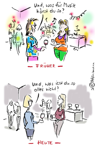 Cartoon: Kennenlernen heute (medium) by Pfohlmann tagged 2019,früher,heute,party,kennenlernen,ernährung,lebensgefühl,lifestyle,identität,2019,früher,heute,party,kennenlernen,ernährung,lebensgefühl,lifestyle,identität