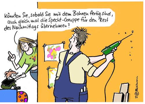 Cartoon: Kita-Fachkraft (medium) by Pfohlmann tagged kita,kinderbetreuung,fachkräfte,fachkräftemangel,mitarbeiter,erzieherin,beruf,kindergarten,kinder,handwerker,bohrer,specht,holz,schreiner,ausbildung,pädagogik,kita,kinderbetreuung,fachkräfte,fachkräftemangel,mitarbeiter,erzieherin,beruf,kindergarten,kinder,handwerker,bohrer,specht,holz,schreiner,ausbildung,pädagogik