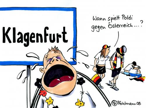 Cartoon: Klagenfurt (medium) by Pfohlmann tagged euro,2008,em,fußball,deutschland,kroatien,klagenfurt,euro2008,fußball,deutschland,kroatien,klagenfurt,europameisterschaft,fussball,fans,zuschauer,ort,ortschaft,poldi,lukas,podolski,fußballspieler,spiel,weinen,frustratione,frustriert,stimmung,emotionen,nation,traurig,verlierer,gewinner