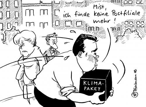 Cartoon: Klimapaket (medium) by Pfohlmann tagged klimaschutz,gabriel,umweltminister,post,paket,klimaschutz,gabriel,umweltminister,post,paket,politiker,klima,schutz,sigmar,spd,naturschutz,umwelt,minister,postpaket,postfiliale,filiale,finden,suchen,schwitzen,anstrengung,laufen,rennen,angela,merkel,päckchen,zustellung,angela merkel