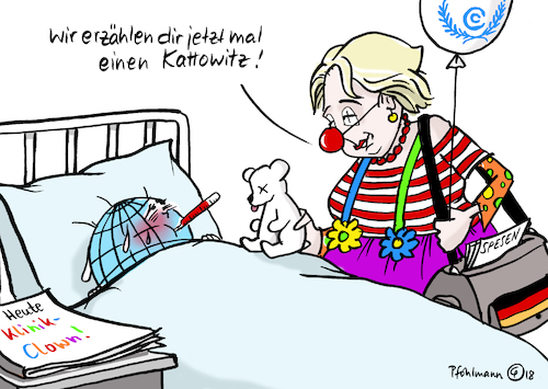 Cartoon: Klinikclown - Kattowitz (medium) by Pfohlmann tagged karikatur,cartoon,farbe,color,2018,global,welt,deutschland,polen,klimaschutz,klimakonferenz,kattowitz,klinikclown,clown,svenja,schulze,umweltministerin,versagen,umweltschutz,klimawandel,erderwärmung,fieber,patient,erde,globus,spesen,eisbär,krankenhaus,krankenbett,karikatur,cartoon,farbe,color,2018,global,welt,deutschland,polen,klimaschutz,klimakonferenz,kattowitz,klinikclown,clown,svenja,schulze,umweltministerin,versagen,umweltschutz,klimawandel,erderwärmung,fieber,patient,erde,globus,spesen,eisbär,krankenhaus,krankenbett