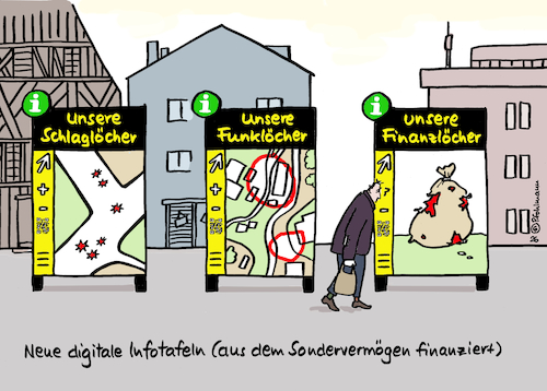 Cartoon: Löcherdisplays (medium) by Pfohlmann tagged sondervermögen,bundesregierung,finanzen,haushalt,infrastruktur,kommunen,dorf,stadt,funklöcher,funkloch,haushaltsloch,schlagloch,straßen,brücken,digitalisierung,kreditaufnahme,kredite,klingbeil,zweckentfremdung,geld,displays,infotafel,bürgerfreundlich,transparenz,sondervermögen,bundesregierung,finanzen,haushalt,infrastruktur,kommunen,dorf,stadt,funklöcher,funkloch,haushaltsloch,schlagloch,straßen,brücken,digitalisierung,kreditaufnahme,kredite,klingbeil,zweckentfremdung,geld,displays,infotafel,bürgerfreundlich,transparenz